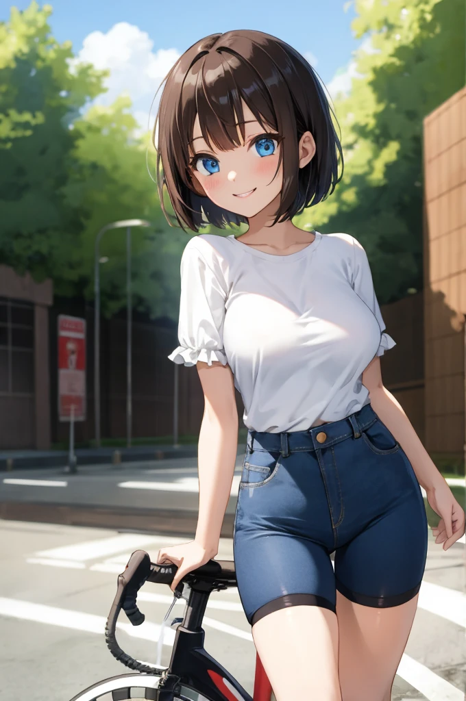 1girl, black hair, blue eyes, pale skin, powder blue t shirt, puffy short slevees, yellow pants, short hair, smiling, floral print, open mouth, garden, outdoors, head band, standing, Masterpece, looking at the viewers, cowboy shot, ,looking at veiewers, 4K, 8K, UHD, ultra-detailed, HDR, High quality, Best Quality,