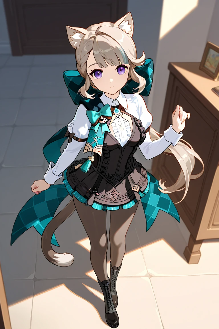 (masterpiece),( lynette from "Genshin_Impact" ) best quality, expressive eyes, perfect face, ( 1girl, solo ), ((cat ears)) small breasts, good breast, beautiful, gorgeous , uplight, medium shot, indoors, magician office, cleavage, white sleeves, Turquoise bow, black school skirt, bow, feminine, blushing ( bubblebutt, view from behind, rear view )
