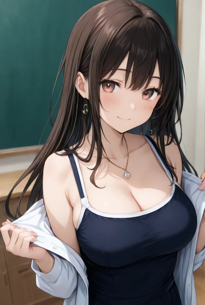 ((Throw))), (((shirt: 1.2)))), ((looking up at me))), (A shy look: 1.2)))), (18 years old, neat girl))))), (high ponytail, curls, brown hair, side fringe), medium long hair, scene seen from above, (((upper body shot: 1.2)), (Focus on the chest and face), (( Very intimate: 1.2)), ((big breasts)), (Upturned breasts), (((In the classroom illuminated by the setting sun: 1.2)), ((Stand across from her,Curtains fluttering in the wind)), ((She is wrapped in thin curtains)), (look at me with upward eyes)), Highly detailed facial and skin textures, delicate eyes, double eyelids, natural cheeks, blue eyes, (((moist eyes: 1.3)), sparkly necklace and earrings, shiny lips: 1.4, precise, anatomically correct,