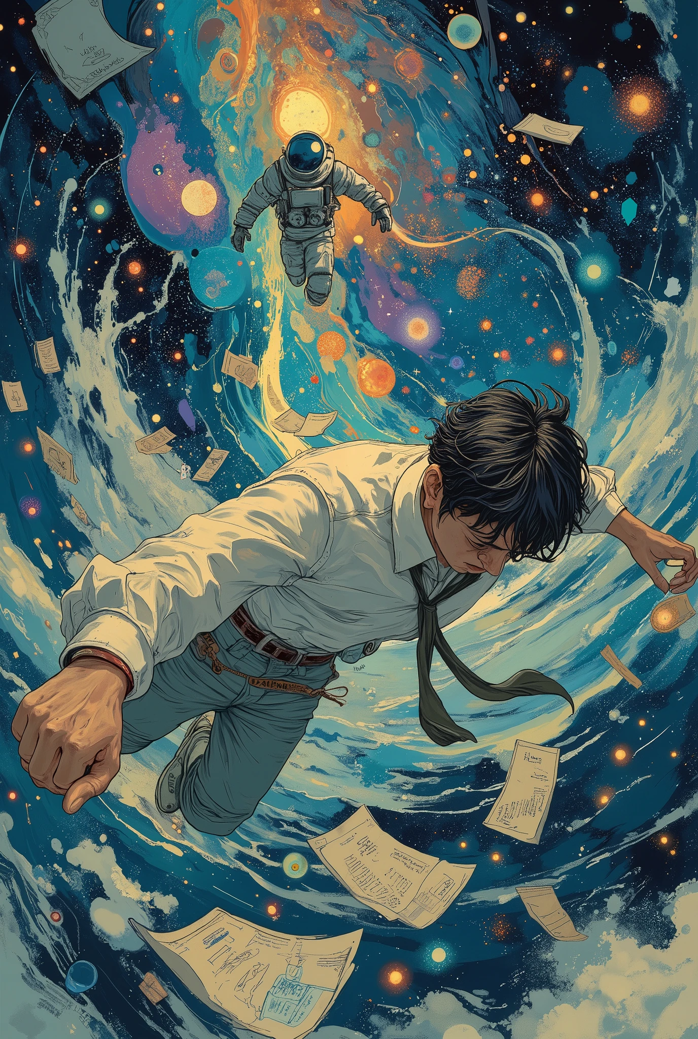 oil painting style, emotionally charged scene of a 30-year-old tired Japanese salaryman in a wrinkled white shirt and loosened necktie, standing beside a suited astronaut with his back turned to the viewer, both figures floating gently upward into a star-filled cosmos, their bodies illuminated by a soft ethereal glow, surrounded by swirling cosmic dust, glowing nebulae, and floating fragments of hood dreams like paper rockets and sketches, the Earth fading below them, their hands almost touching as if taking flight together, symbolizing hope and lost dreams reignited, vivid brushstrokes, textured canvas, rich colors blending fantasy and emotion, impressionistic style, oil painting, high detail