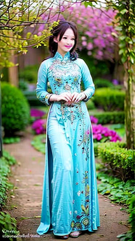 a beautiful girl in vintage colors aodai, masterpiec e, best quality, realistic: 1.3, street, holding bundle o f flowers, sunlight, backlighting, artstation, intricate details, vignettThe owner of an attractive body outli ne and high hips3d 4k