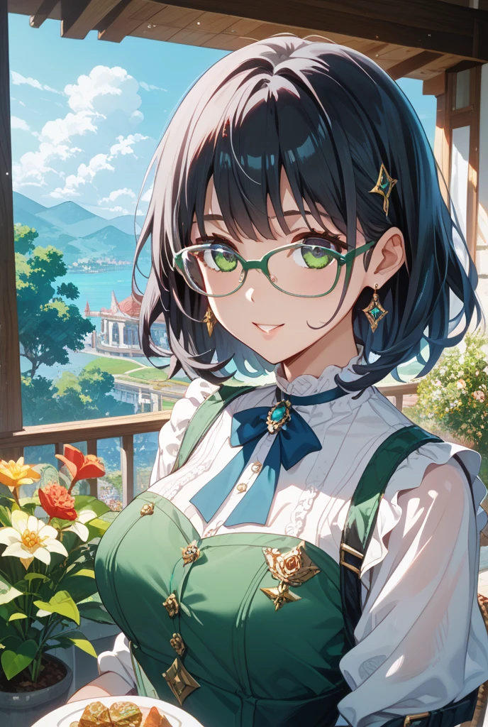 (Thanksgiving style), (pov, solo:2 32yo) (detailed bob)  (sexy beautiful brown hair short hair), (best beauty woman) (immensely sexy green eyes, glasses) (ecstasy smile) (glossy lip) (medium:1.4 tits), in a best cute green elegant adult dress with double exposure:1.2 water and love hearts, break,  hand holding a beautiful detailed big bouquet, break, in the Ceremony venue, ((background font is "MB")), BREAK, perfect anatomy, masterpiece, best quality, 16k, beautiful detailed thanks, daydreaming expression.