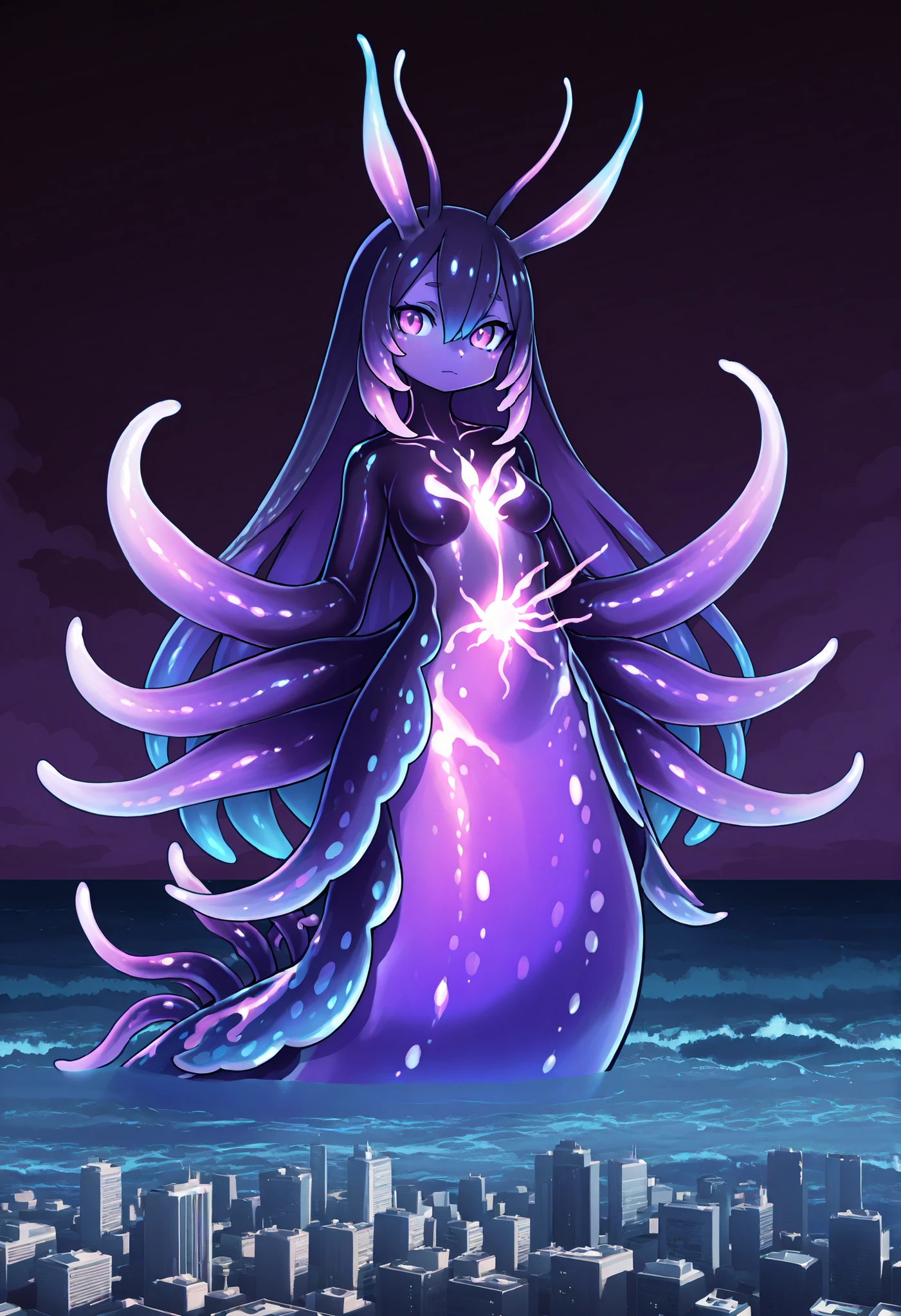 Sea slug girl. Antenna. Black and purple image colors. Female kemono style. Deformed character. A glowing core in the chest. monstrous arms. tiny legs. finned tail. Glowing tentacles. Bioluminescence. Glowing spines. In the fog.