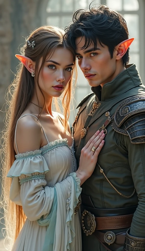 Elite fantasy harem, Beautiful elf girl , 16 y.o., long straight hair,perfect figure, molested by her master from behind, a man is inspecting her body, she is his sex slave, gripping, molesting