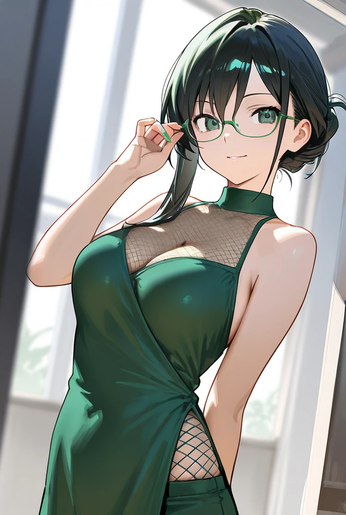 A beautiful brunette secretary,a beautiful green bodycon dress,Glamorous,(highest quality,masterpiece,mature woman:1.4),Black stockings,with glasses