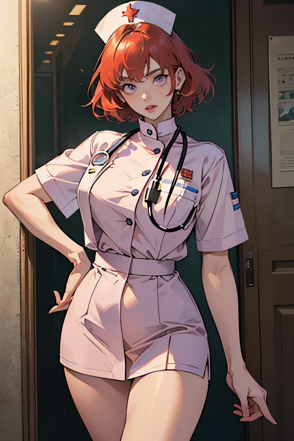 1woman, tall, red hair, short hair, gold eyes, lab coat, button down shirt, skirt, standing on ground, high res, ultra sharp, 8K, masterpiece