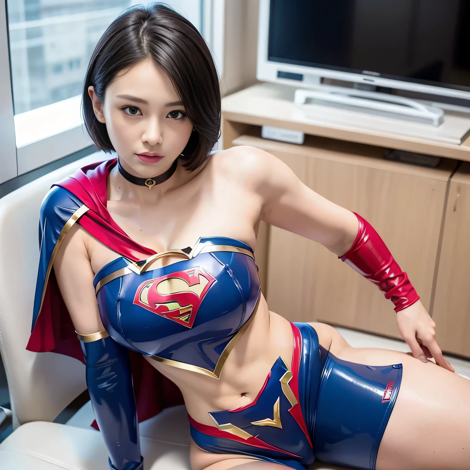 masterpiece,Supergirl Costume, short-hair, bare-legged, large full breasts,surgery room、Operating table、straddle、depraved、shiny、Looking at the camera、seduces、estrus、Cowgirl、Trance、Fayue、enjoyment、Hand bra、short miniskirt、Show a glimpse
