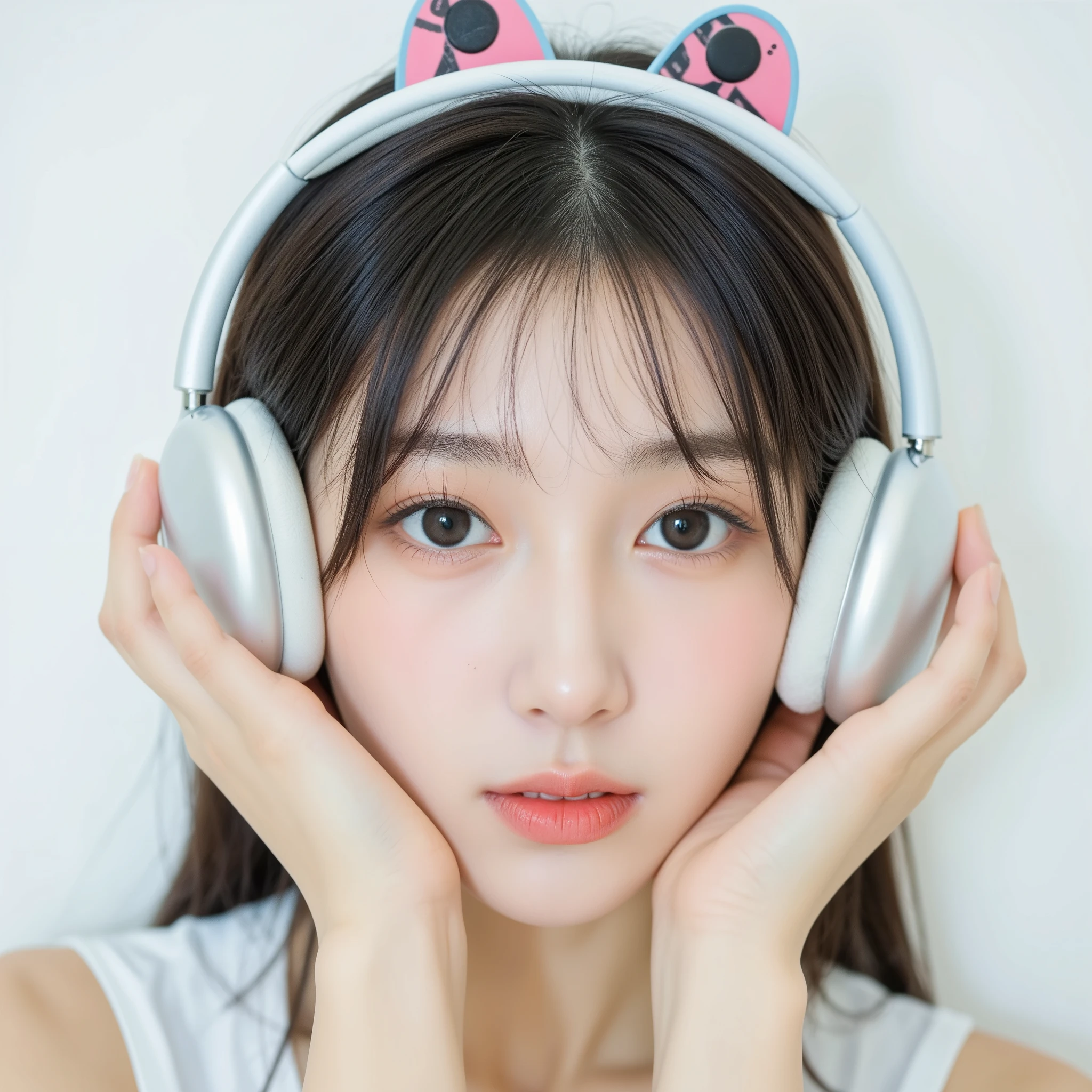 Japanese cute woman holding headphones in front of her face。There are faces on the left and right sides of the headphone earpads、The。The woman is puzzled when she sees the headphones chatting。
