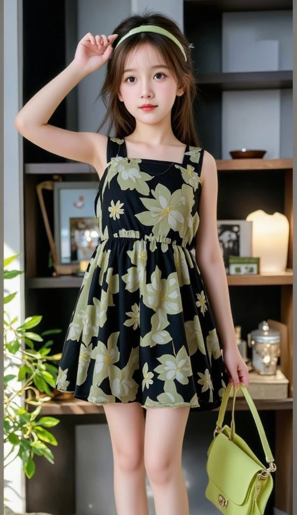 Masterpiece, top quality, photorealistic, super high quality, super high resolution, detailed image, super cute Japanese 20 year old girl standing in the mountains, full body, full body shot, cute white floral dress, exposed shoulders, 75cm chest, smaller breasts, more smaller breasts, perfect proportions, thin waist, perfect double eyelids, long eyelashes, narrow eyes, green eyes, braided ponytail tied with ribbon, bright green hair, yellow tips, look here, long slender legs, facing front, green shiny nails, hands raised high to reveal sides, hands clasped behind head, right leg raised at waist level Please photograph at a further distance so that the whole body can be seen. He is holding a cactus in his hand.