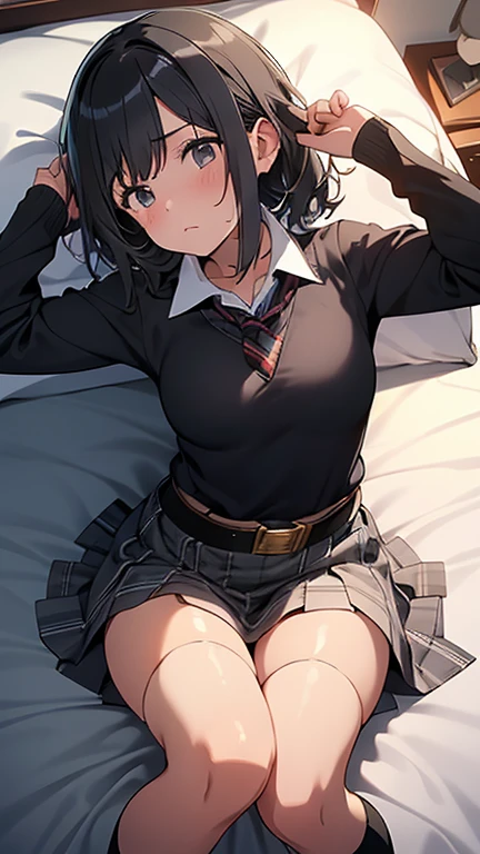 masterpiece:1.2, best quality, ((ultra detailed)), high resolution, 2d, anime style , wphoto, photography, detailed background,closed eyes,black hair,school uniform,black pantyhose,(lying,sweat,vulgarity),cowboy shot,thighs
