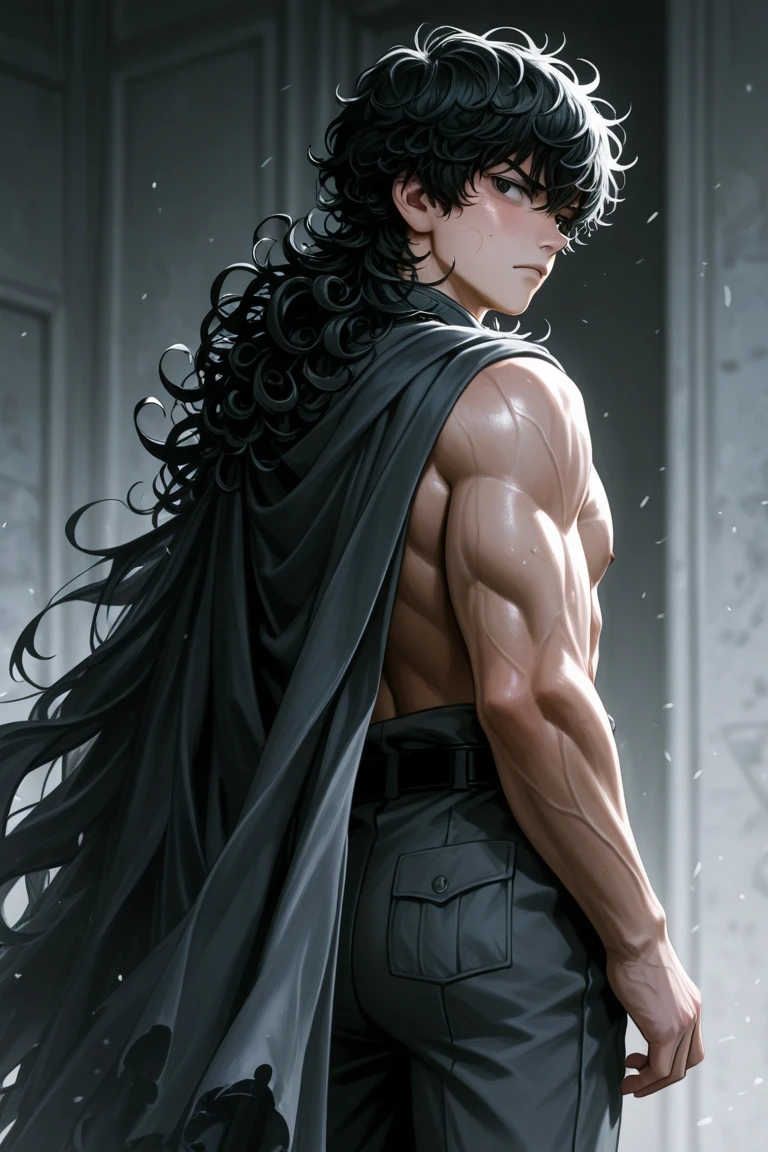 *Black shaggy-haired boy, muscular and black eyes, white-skinned and expensive would be, A pretty face, black sweater, with forest landscape at night*