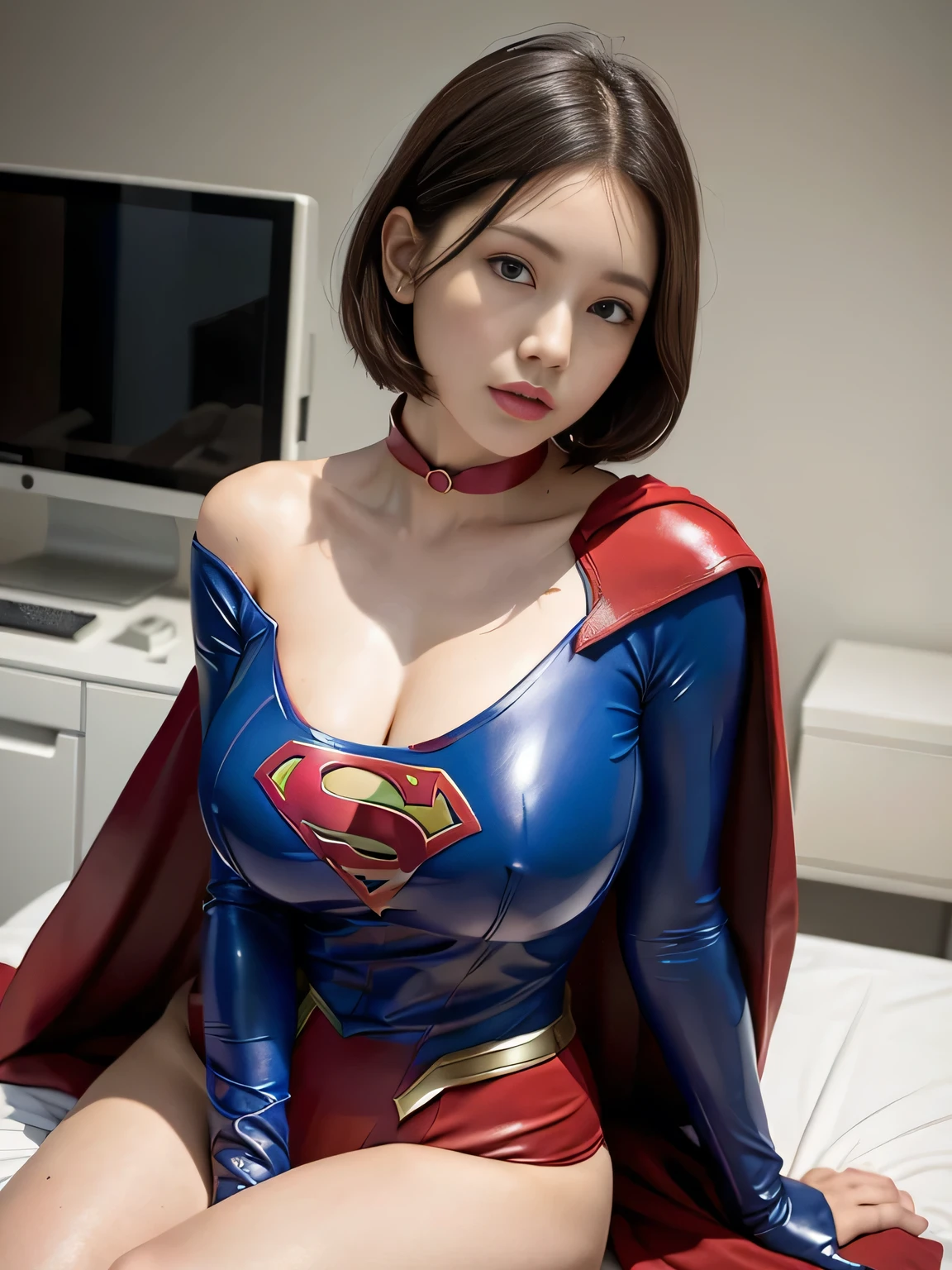 masterpiece、Rubber Supergirl Costume、short hair、Rubber Long Boots、Big and ample breasts、looking at the camera、choker、Long sleeve、Cape、mini skirt、Off the shoulder、Sweaty skin、Hospital room、Photo magazine cover、Sexy sitting pose、Boasting beautiful legs、Knee-length boots、wallpaper for pc、