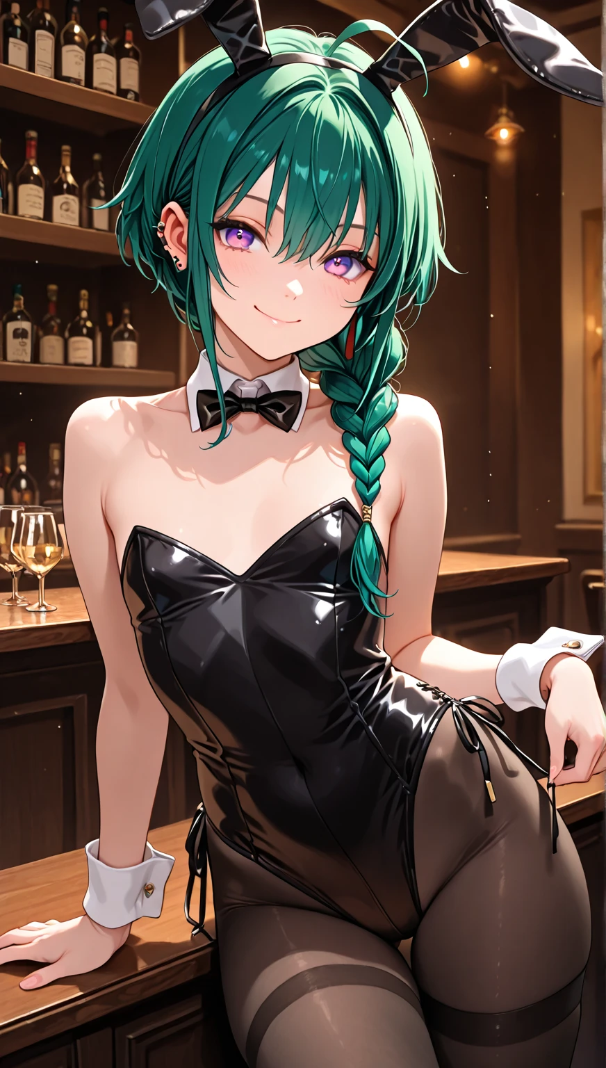 young girl, long turquoise hair, high ponytail, violet eyes, purple dress, open shoulders, smirk, Fighting spirit behind your back, Masterpiece, hiquality