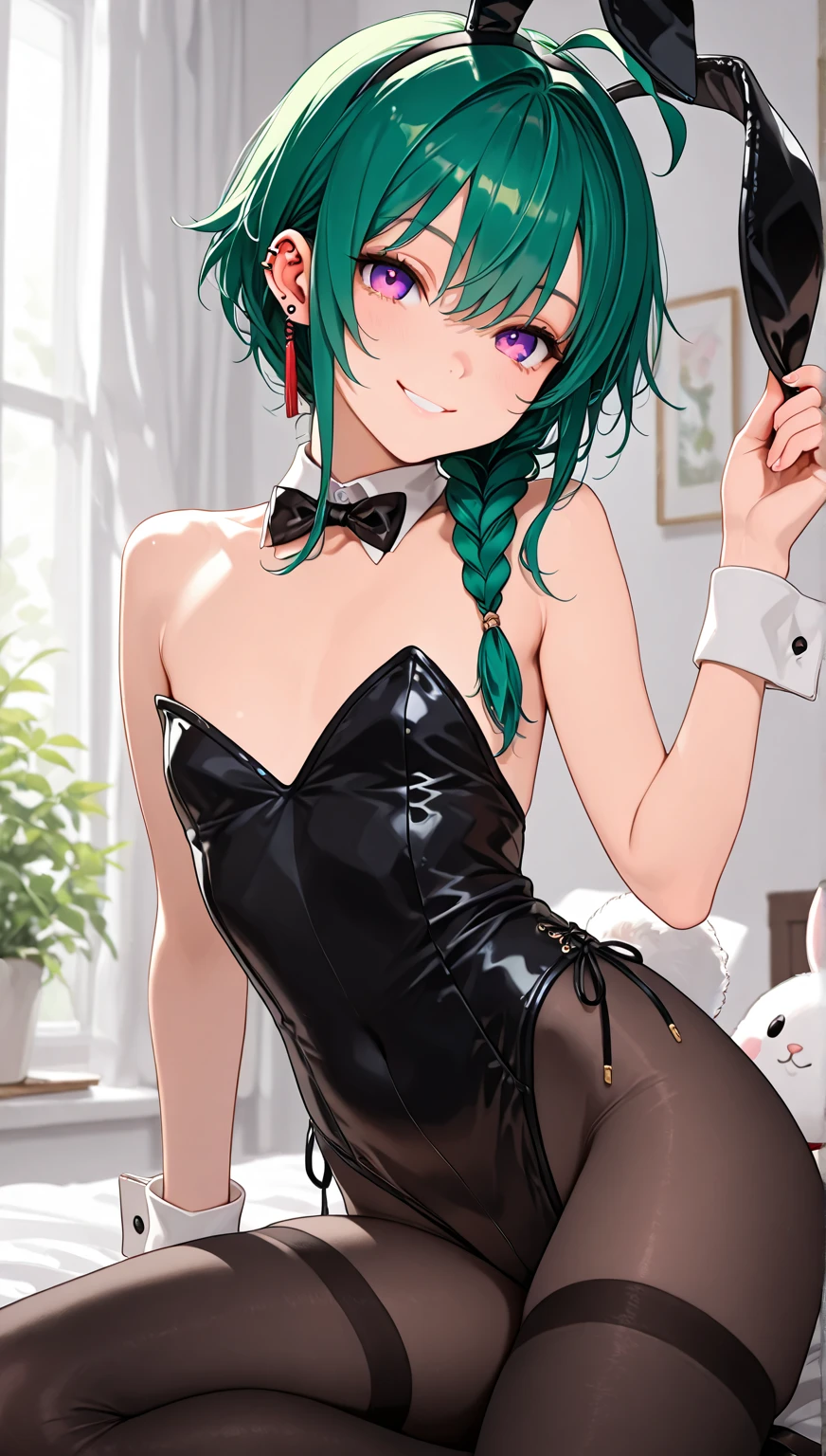 NSFW,masterpiece,Highest quality,High resolution,Super detailed,Uber\(Funeral of Frieren\),Green Hair、bangs、Hair between the eyes、Side Ponytail、Purple Eyes、choker、Playboy Bunny,clavicle,Embarrassed,blush,Luxurious Room,pub,Private room,sofa,heart,Sexy pose,(Noble men),Being spoiled,Lean on,(Obedience)