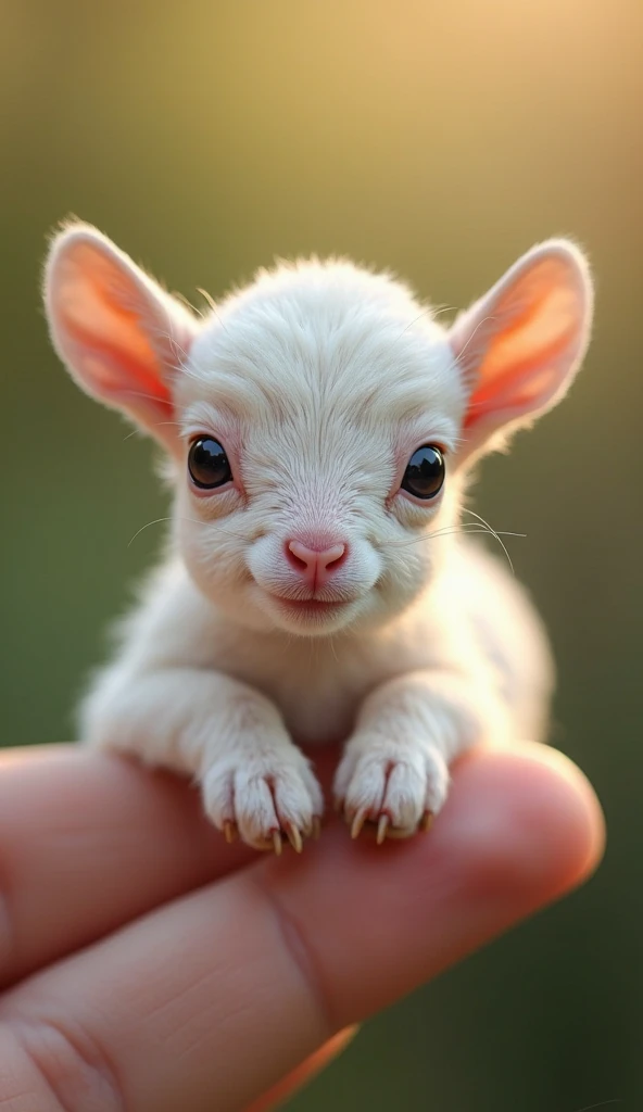 The world's smallest baby highland goat, a white calf perched on someone's finger, is undoubtedly cute and charming. The photo is very realistic and captures the subtle features of the miniature goat with precise precision.