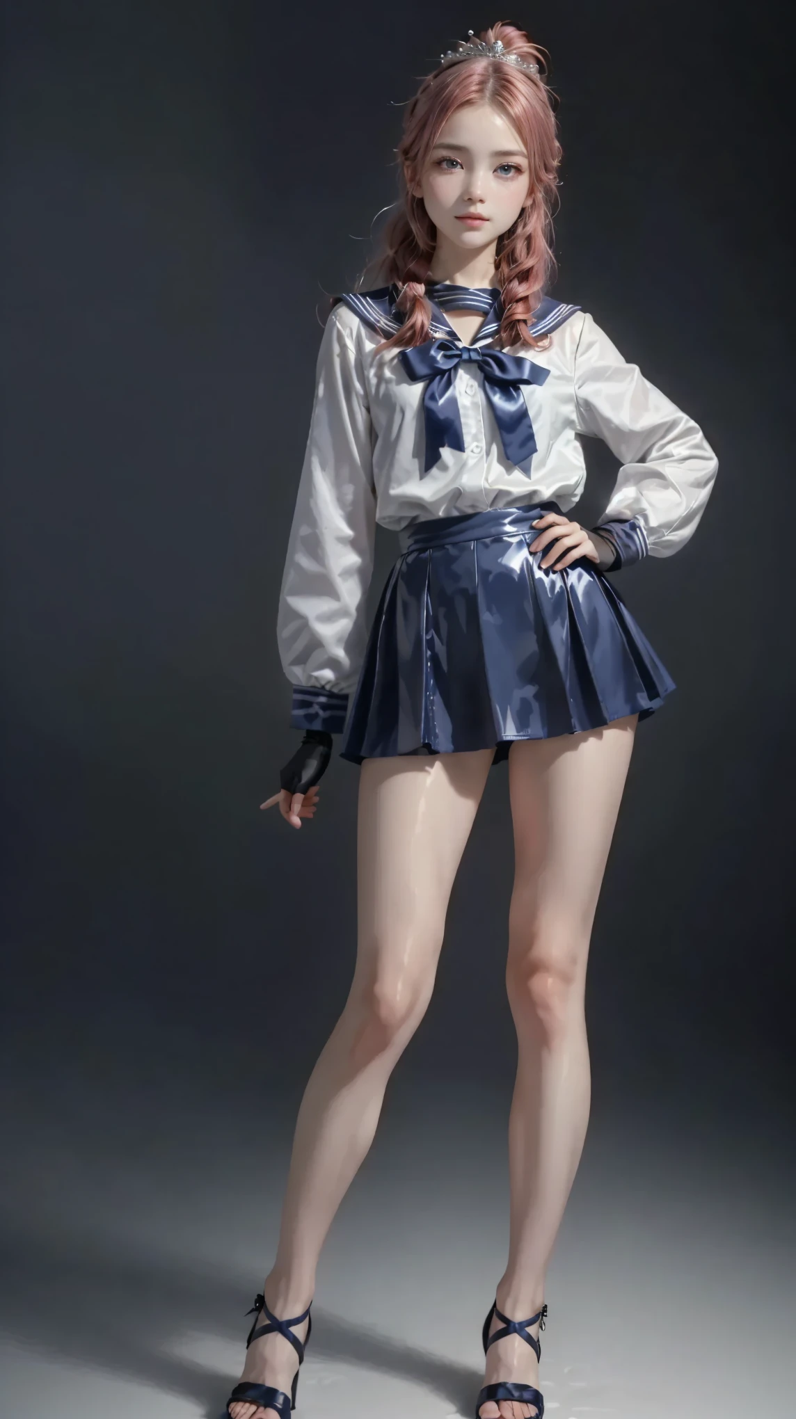 obra-prima, completo: 1.3, stand up, 8k, 3D trend, Realista, Ultra Micro Photography, high-quality original character, Detalhes Extremos CG Unity 8k Wallpapers, de baixo,  intricate details , ( adult content :1.2),(1 female), 28 anos de idade, (meishaonv,Sailor Lua,terra,  sailor uniform  Sailor: 1.2, Sailor Lua: 1.2),  incredibly long shiny white holographic leather with a shiny double ponytail, sintonia and very long straight twin tail blonde,  coque de cabelo ,  Very large red bow behind the waist ,  sailor uniform , peito enorme, (Silver-blue collar  ,  blue sailor collar ,  round red hair ornament in a bun : 1.3,   The pants are visible  , super hollow swimsuit ,   red bow muito grande no peito ,,: 1.3,   long white latex gloves  : 1.3, red gloves on the elbows,  very large red bow on the chest ,: 1.1,  the neckline seems larger :1.2, uma tiara dourada, brinquedos), ( detalhes do rosto : 1.5,  bright blue eyes ,  rosto bonito, olhos bonitos,  olhos brilhantes,  Thin Lips: 1.5,   pale eyebrows thin and sharp  ,  long, dark lashes  ,   double lashes  ), Luxurious Golden joias, sintonia, magro e musculoso,,,   um rosto pequeno,  perfect proportions ,  fino enrolamento, pose de modelo sexy, [visible pores,  sorriso sedutor, perfect hands: 1.5,  silver pre-gate ultramini mini skirt ,  very thin and tight  ,  octane rendering,  highly dramatic image , Luz natural forte, luz solar,  exquisite lighting and shade ,  dynamic angle ,  digital SLR camera ,  Sharp focus: 1.0, maximum clarity and sharpness, (Fundo espacial,lua, dynamic background,  fundo detalhado ),(coelho, coque duplo, Twin-tailed,   fringe distributed  ,  circle , joias, brinquedos,  gargantilha , red bow, luvas brancas, sulcos do cotovelo , saia azul,NffSW, ([cabelos longos]:1.8), (completo body:1.8), (upper body:0.3), (hyper Realista:1.4), (Realista:1.3), (melhor qualidade, SFW 