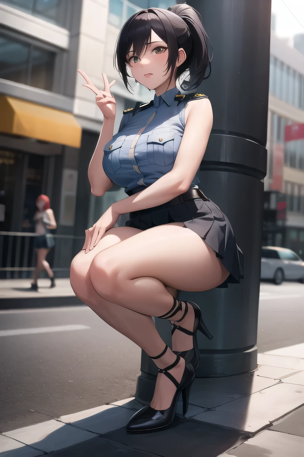 Can you draw a woman with long black hair ponytail,sleeveless plain clothes,pleated miniskirt,wearing miniskirt police uniform,face is absolutely necessary,Accurate representation of hands and legs,Using Cinematic Lighting and Ray Tracing , Using Cinematic Lighting and Ray Tracing short-haired woman with red hair,a cop wearing a miniskirt,,Big breastsと更にBig breastsを描いてください,Using Cinematic Lighting and Ray Tracing マイクロミニスカート,Sleeveless Sweater,high heels, Attractive 20 Year Old Woman , city tour , , , Big breasts, Thin Waist , , ,face is absolutely necessary,accurate depiction of hands and feet,