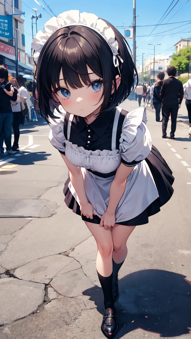  anime girl, black hair, blue eyes, bending over, looking back, solo, blushing, dress.