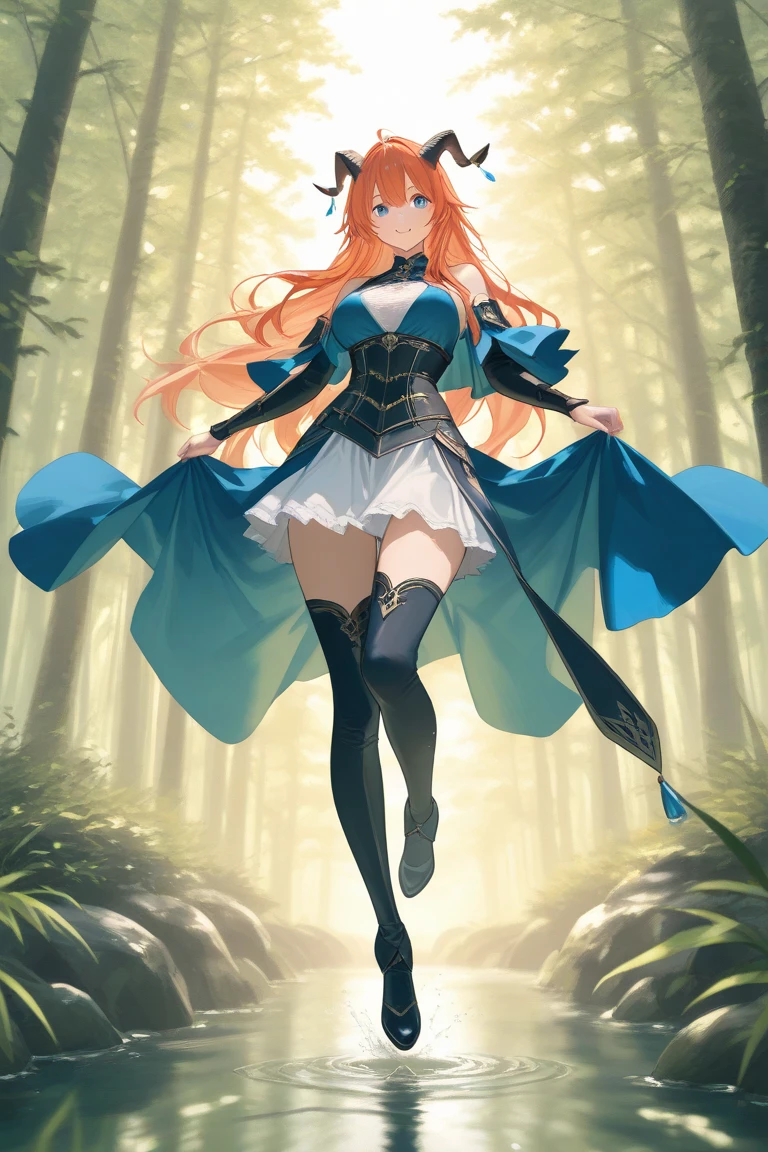 1girl, solo, 1woman, forest, walking, masterpiece, best quality, highly detailed, ((short sorceress outfit, sorceress girl)),((short purple sorceress dress, tight short dress, gold engraving, leather boots, high heel boots)), long ponytail hair, orange hair, ((front view:1.5)), ((full body:1.5)), (shy pose:1.5)