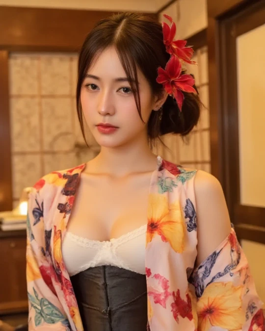 (8k、Live Shooting、Highest quality、Masterpiece:1.2),(kimono、Twelve-layered kimono、In a Japanese-style room)(High resolution 4K、Front view、High position、Serious expression、Super detailed、Super Resolution、(Real、Real写真:1.37)、Portrait、High-definition RAW color photos、nightの撮影、Professional photography、Very detailedで美しい、Very detailed、8k画壁紙、Amazing details、Huge file sizes、Official Art、Very detailedなCG Unity 8kの壁紙 Very detailedな女性、Very detailedな顔、Very detailedな肌、Very detailedな指、Very detailedな鼻、Very detailedな詳細な口、Perfect Anatomy、1 girl、(20:1.2)、Female, age 20、Realな体つき、、White skin、Shining skin black hair、semi-long、A sloppy smile、clean、Clean face、Realistic Face、Delicate eyes、kimono、Looking straight at the camera、Cowboy Shot、Landscape、Standing posture、((night))Close-up of face、Radiant Skin、The chest is visible、sexy、nightの和室
