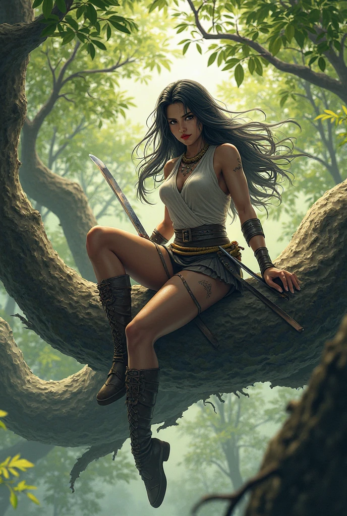Best image quality, threaten, Holding a spear, primitive, ""paint"" Primary forest, In underwear, ""Primitive clothing"", woman, Black Hair, Tying up hair,