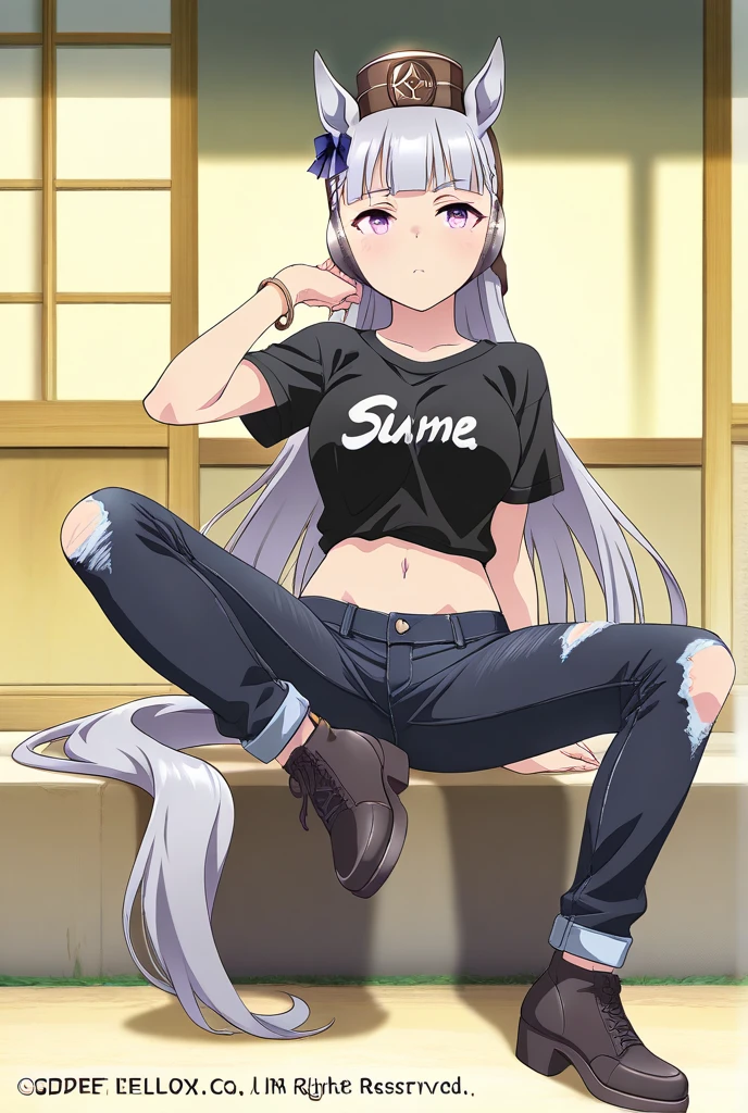 girl, white beanie, bangs, light purple hair, red eyes, glasses, [black tanktop], choker,