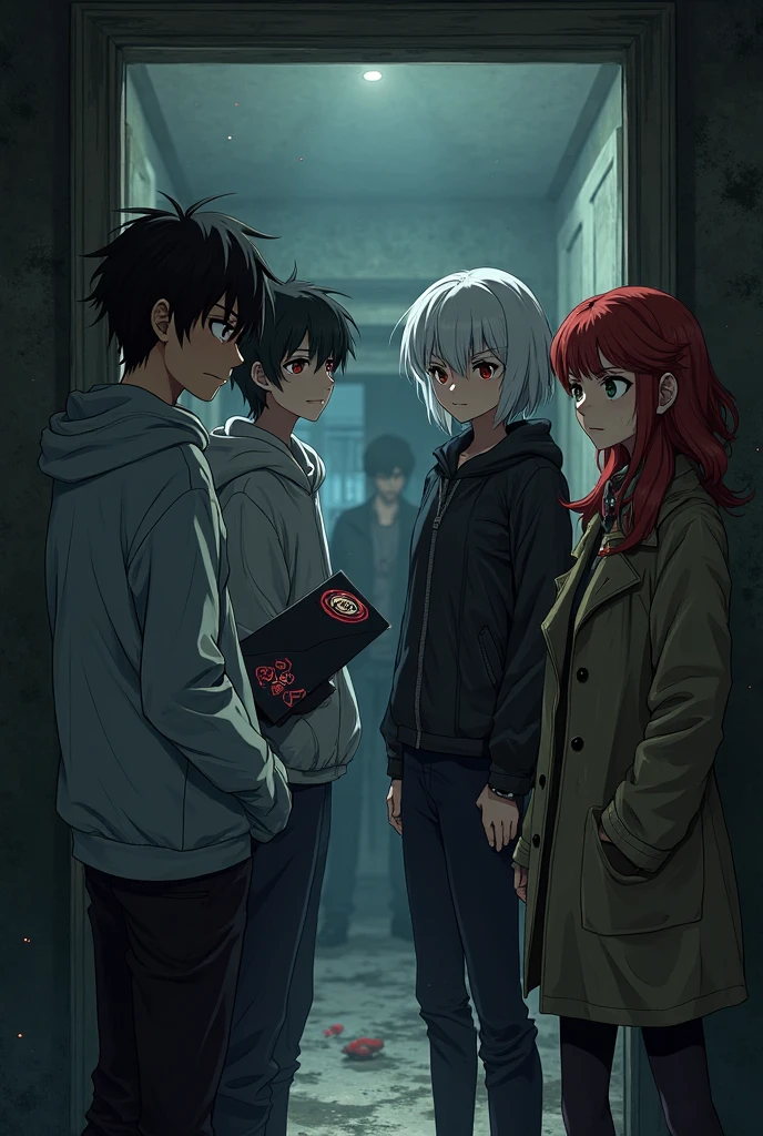 LA imAgen es estilo Anime con sombrAs y luces tenues, estilo Anime Aunque Algo AdultA y sombríA, en ellA se muestrA de formA lAterAl, A: 1. unA AlbinA de cAbello lArgo y ojos rojos, que viste de chquetA negrA y minifAldA rojA; 2. A unA mujer hechA de fuego que vuelA; 3. A unA mujer góticA que es mitAd ArAñA, como ArAchne y muy sensuAl; 4. A unA hombre que cArgA A dos espAdAs cruzAdAs; 5. A un niño con unA dAgA, all in the middle of the forest, together as a team.