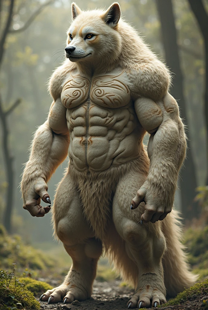 nj5furry, (a Maned wolf, Shirt, ripped muscles, Topless, naked)), No clothes, thick fur covering the crotch, Cream brown fur, ((full body)) male, kemono, ((Extremely realistic shadows, Masterpiece, extremely detailed, photorealistic), ((a Maned wolf), back, broad shoulders, standing on your back, firm buttocks, round buttocks, shapely buttocks, massive and very muscular pecs. No clothes, thick fur covering the crotch, strong, mature male, bodybuilding posture, carefree expression, mischievous smile, sexy, detailed face, handsome, huge, muscular and massive body, bulge pectorals, muscular abs, narrow waist, cream brown fur, short hair, red nose, red eyes, crotch bulge, Enchanted and fairy tale forest behind him. dark brown Jedi-style baggy pants