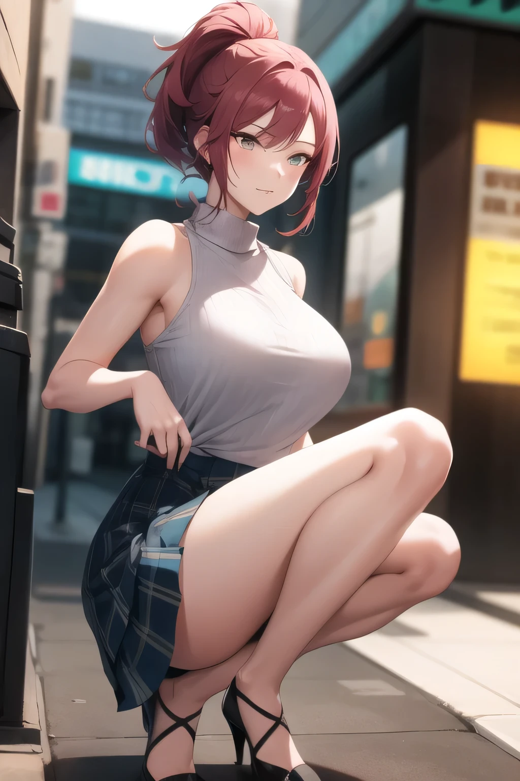 Can you draw a woman with long black ponytail,sleeveless plain clothes,pleated miniskirt,miniskirt wearing a police uniform,face is absolutely necessary,Accurate representation of hands and legs,cinematic lighting and ray tracing , cinematic lighting and ray tracing short-haired woman with red hair,a cop wearing a miniskirt,,Big breastsと更にBig breastsを描いてください,cinematic lighting and ray tracing マイクロミニスカート,sleeveless sweater,high heels, Attractive 20 Year Old Woman , city tour , , , Big breasts, Thin Waist , , ,face is absolutely necessary, accurate depiction of hands and feet ,