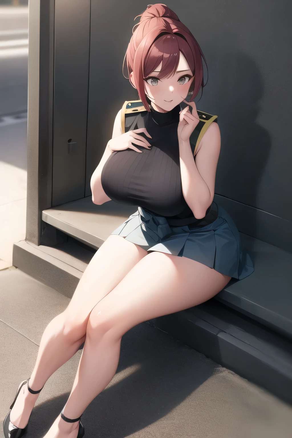 Can you draw a woman with long black ponytail,sleeveless plain clothes,pleated miniskirt,miniskirt wearing a police uniform,face is absolutely necessary,Accurate representation of hands and legs,cinematic lighting and ray tracing , cinematic lighting and ray tracing short-haired woman with red hair,a cop wearing a miniskirt,,Big breastsと更にBig breastsを描いてください,cinematic lighting and ray tracing マイクロミニスカート,sleeveless sweater,high heels, Attractive 20 Year Old Woman , city tour , , , Big breasts, Thin Waist , , ,face is absolutely necessary, accurate depiction of hands and feet ,