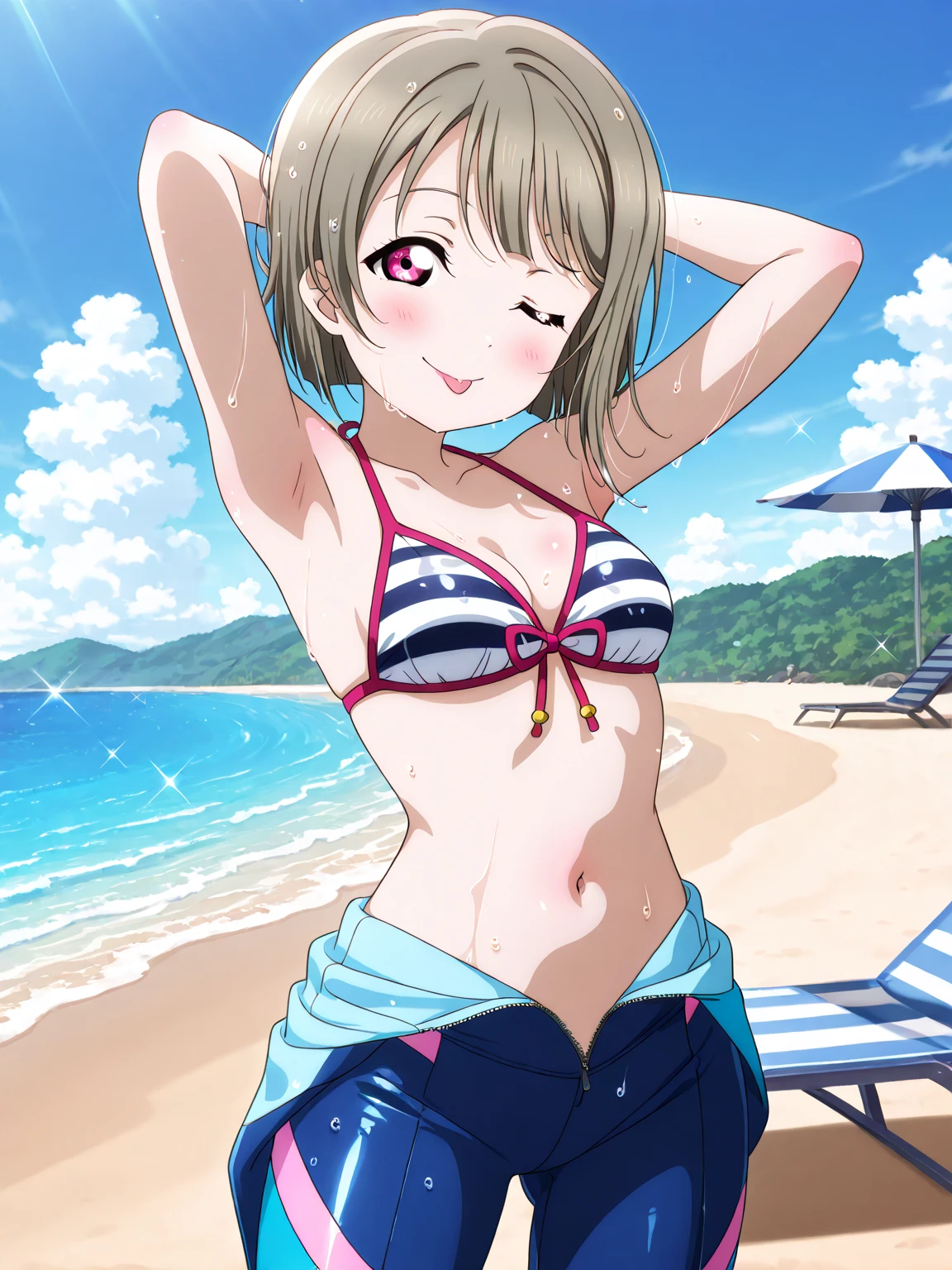 anime girl in a bikini on the beach with a peace sign, attire: bikini, full body:: sunny weather::,blue bikini, in the beach, standing at the beach, fanart, !!full body portrait!!, in bikini, at the beach, full body portrait of a short!