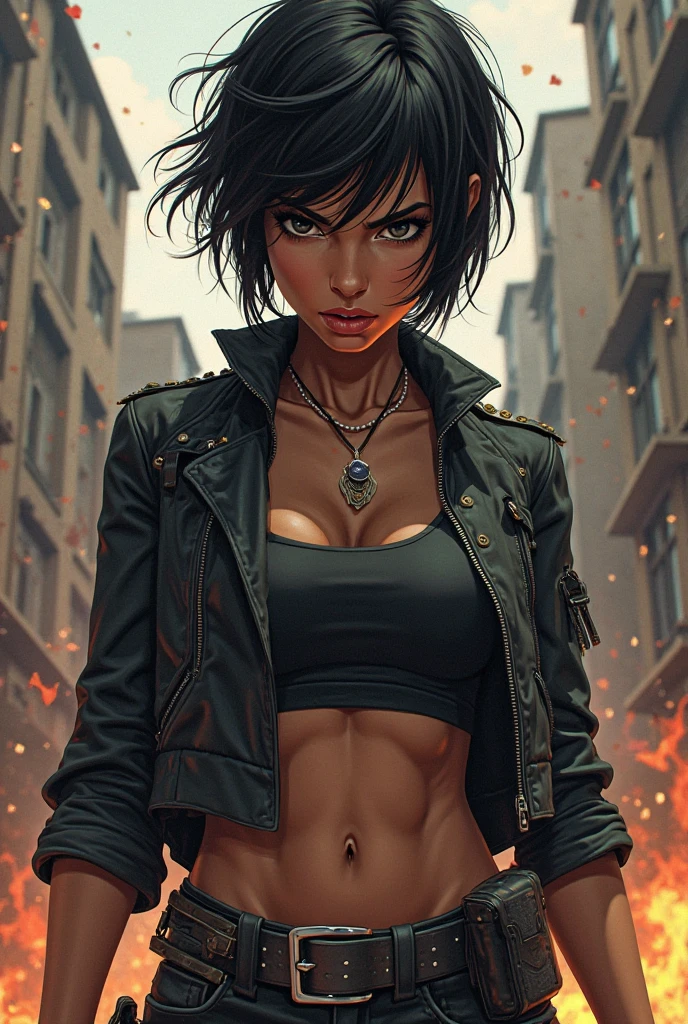 Masterpiece) (High Detail) (High Res) (Black Skin) Looking from above A young black humanoid FutEred with dark skin and ebony flesh and green eyes and short black hair and goat ears and short dark goat horns and a toned teen body and small to average breasts dressed like a private investigator in a trench coat with leather pants and a buckled shirt