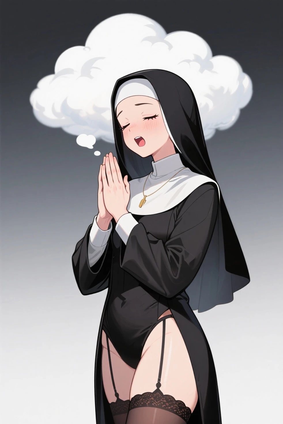 The Nun, black Nun clothes, huge waists, solo, on a bed