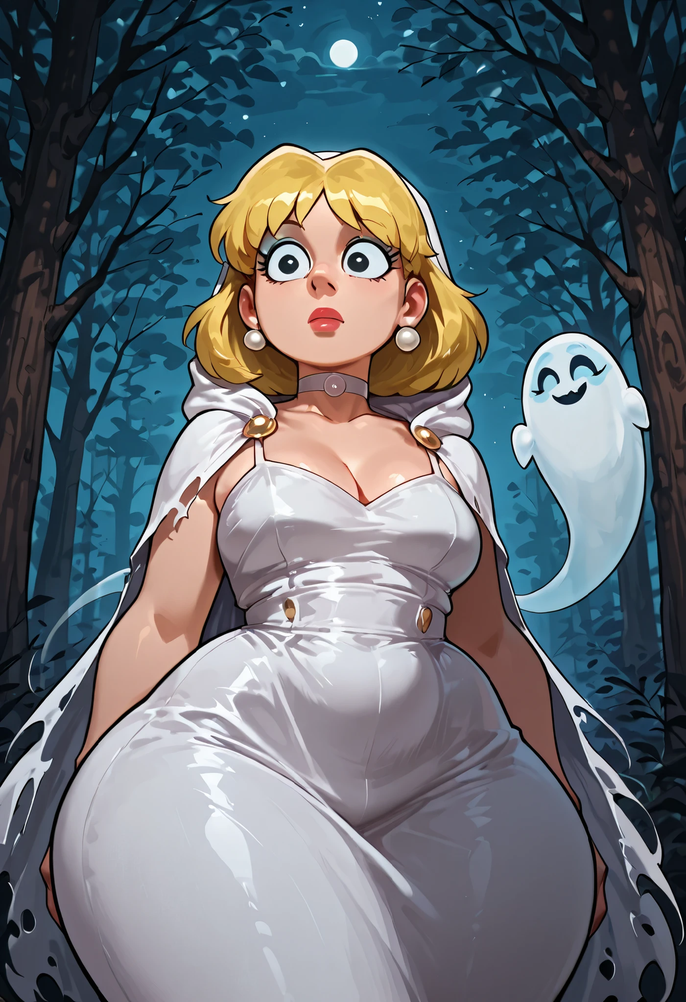 Lori Loud. medium breasts, huge hips, blonde hair, black eyes, blue eyeshadow, pearl earrings, white earrings. choker.| g0s1, ultra high res, beautiful, visually stunning, elegant, ghost, hood, torn cloak, woods, night,
