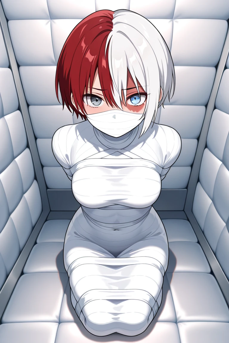 (masterpiece, best quality, detailed), 1girl, solo, looking at viewer, hephaistos, eyepatch,
<lora:Concept_Straitjacket:1>, straitjacket, bondage, bdsm, restrained, white bodysuit, bound arms, belt, <lora:infirmary_v0.1:1>, infirmary, curtains, hospital bed, lying, on side, head rest, angry, glaring, closed mouth