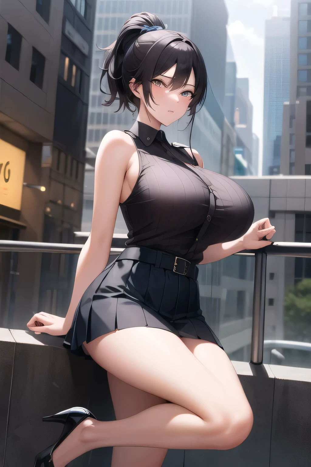 (long black hair),can you draw a woman with long dark hair ponytail,sleeveless plain clothes,pleated miniskirt,miniskirt wearing a police uniform,face is absolutely necessary,accurate hand and foot expressions,cinematic lighting and ray tracing , cinematic lighting and ray tracing short-haired woman with red hair,a cop wearing a miniskirt,,Big breastsと更にBig breastsを描いてください,cinematic lighting and ray tracing マイクロミニスカート,sleeveless sweater,high heels, Attractive 20 Year Old Woman , city tour , , , Big breasts, Thin Waist , , ,face is absolutely necessary, accurate depiction of hands and feet ,
