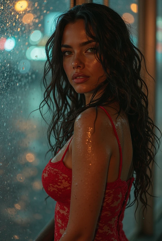 (highest quality、4K、High resolution)、Portrait、Beautifully detailed eyes、Perfectly shaped nose、Full and seductive lips、Shiny wet hair、A visually striking face、Ideal Body Proportions、A feminine and primitive see-through dress、Stand on a rooftop and look out over the city skyline、Tall modern skyscrapers、There was a strong wind blowing.、((Heavy rain is pouring down from the dark clouds:1.6))、(motion blur effect)、Dramatic lightning lit up the sky、My wet clothes were sticking to my body、Standing gracefully and confidently on the rooftop、Dresses fluttering in the wind、Eyes staring straight into the camera lens、It creates a fascinating and powerful connection.、natural breast、mynatalee woman