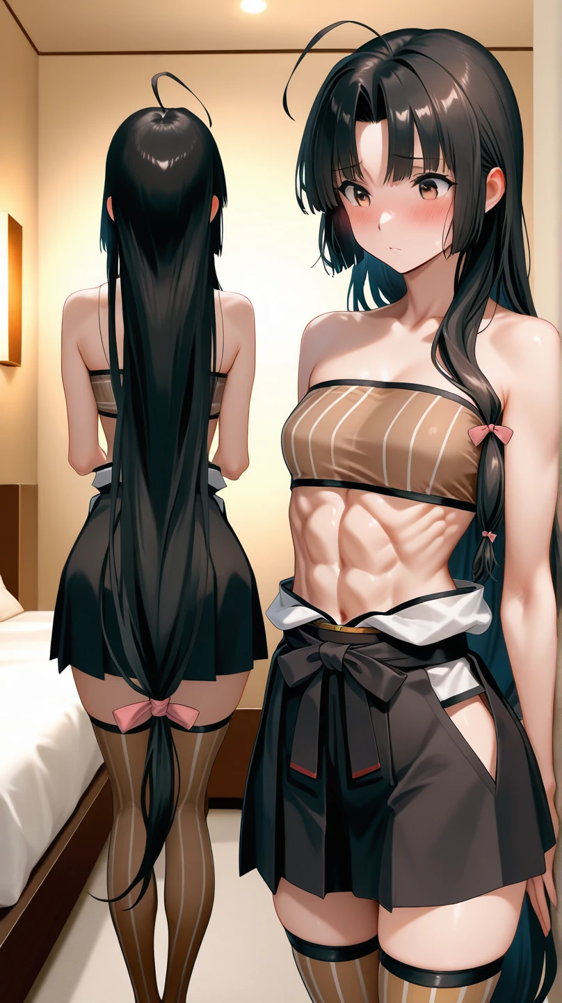 Ajof, Cowboy shot, golden hairband, hair adornments, Red eyes, gold earring, Large breasts, choker necklace, fit girl, Thin waist, Strong abs, fit dainty figure, with abs, skinny waist and thick hips, Slender waist, Black hair, (((Long hair, hair between eye))), Beautiful face, Detailed face, good eyes, (((Perfect anatomy))), mature, Mature female, ((Anime girl, anime big breast)), Detailed background, A high resolution, offcial art, (Masterpiece, Best quality, absurderes), ((1girll, Solo)), Crop top, White bra, grey pants, Bare shoulders, view the viewer, Smile, stomach, Nice belly, Thin, Skinny, shades, the ribs, Nice navel, Indoors