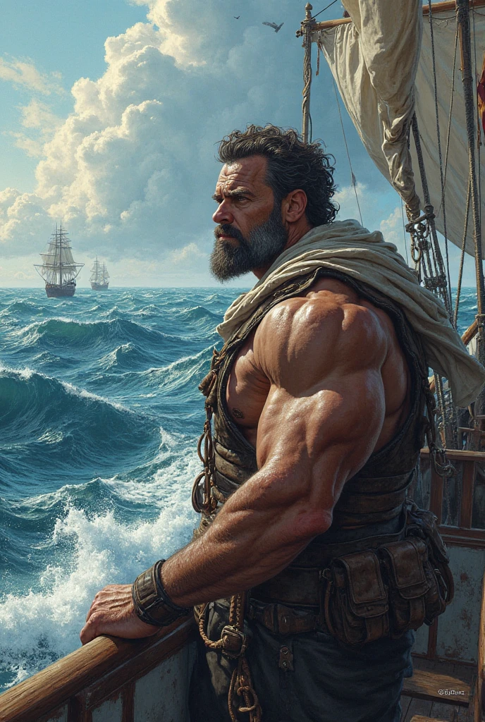 A male Stoic philosopher, around 2, with a well-proportioned and attractive physique, slightly tanned skin, and a short, well-trimmed beard, is depicted as a ship captain in the midst of a furious storm. He wears classic tunics in soft earthy tones—gray and olive green—with subtle gold or copper details, gently draping over his body, with one shoulder exposed. His gaze is intense and seductive, filled with determination as he grips the ship’s wheel. The scene is painted in an impressionist style, with dramatic brushstrokes capturing the storm’s chaotic energy, highlighting the contrasts of light and shadow, and emphasizing the philosopher’s struggle against the raging elements.