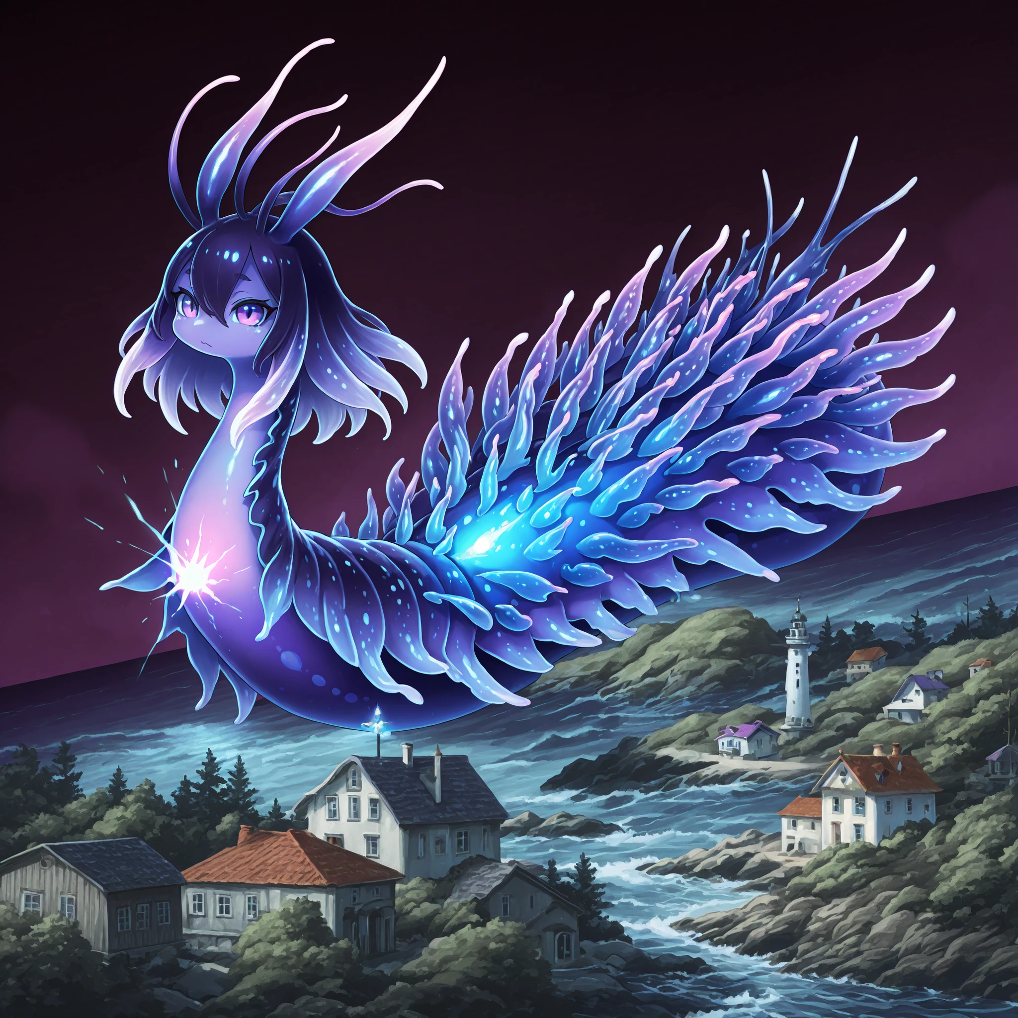 Sea slug girl. Antenna. Black and purple image colors. Female kemono style. Deformed character. A glowing core in the chest. monstrous arms. tiny legs. finned tail. Glowing tentacles. Bioluminescence. Glowing spines. In the fog.