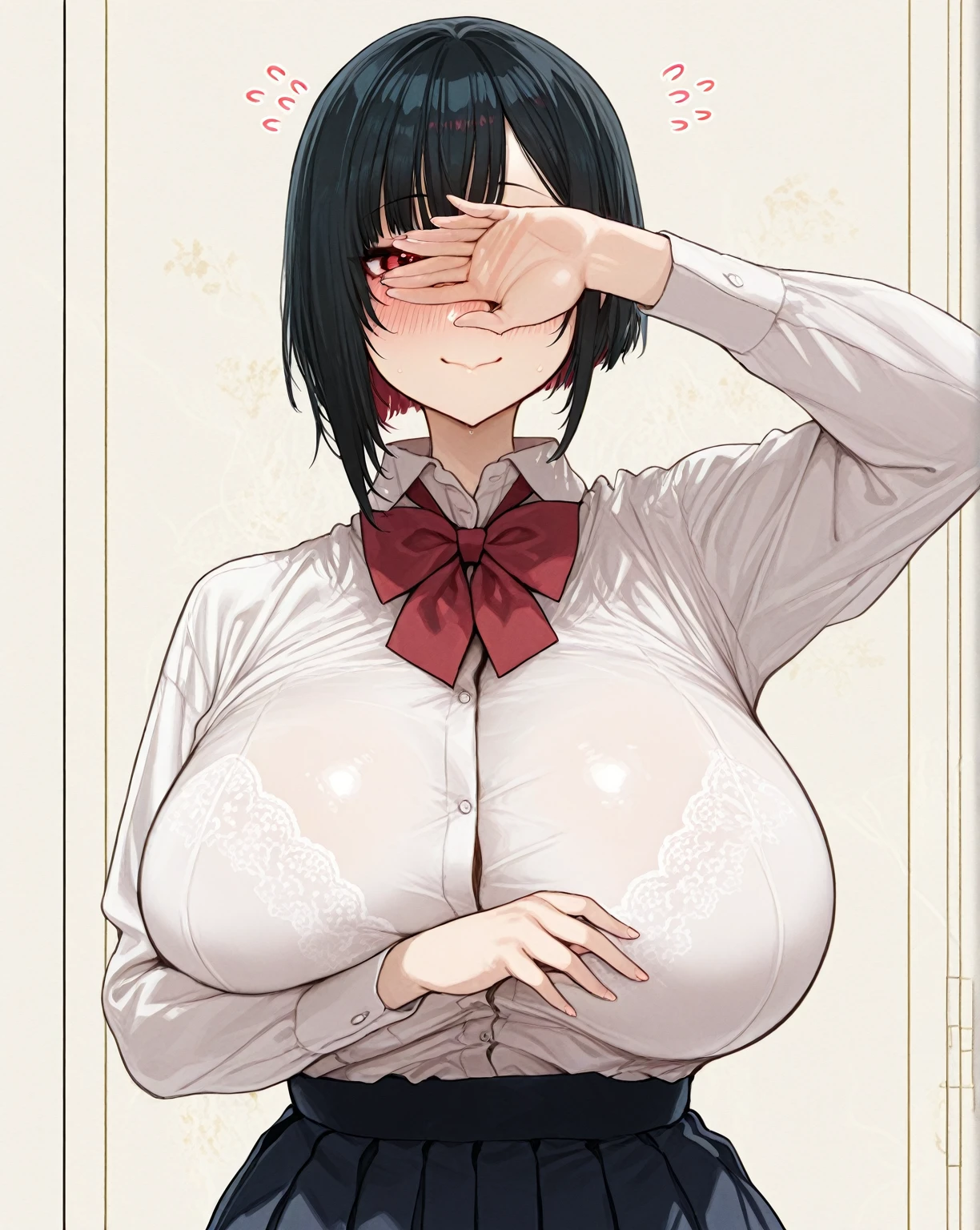 masterpiece, best quality, 1girl, Takizawa, 独奏, black eyes, black hair,  single hair bun, blush,Estrus,breath,upper body, large breast,(huge breasts:1.4),round breasts,((Long breasts)),big tits,Big sticking forward,cleavage,  earrings,  looking at viewer, mature female, formal,  office lady, pantyhose, pencil skirt, color bra,(shirt lift),show off bra,athletic stomach,(skinny body),(Thin limbs),(Skinny belly:1.2),(Very small waist),Curvaceous,secretly,hide,Secret Relationship,(bouncing tits),(Expressions of breasts shaking:1.2),((Accentuate your cleavage)),Pull your chest together