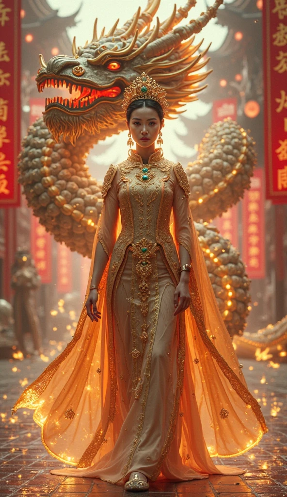 A fiercy geisha holding the crop head of a giger xenomorph as a trophy, coming out from a fantasy worlds dimensional vortex portal at the end of a luxurious oriental room decorated with golden arabesques.