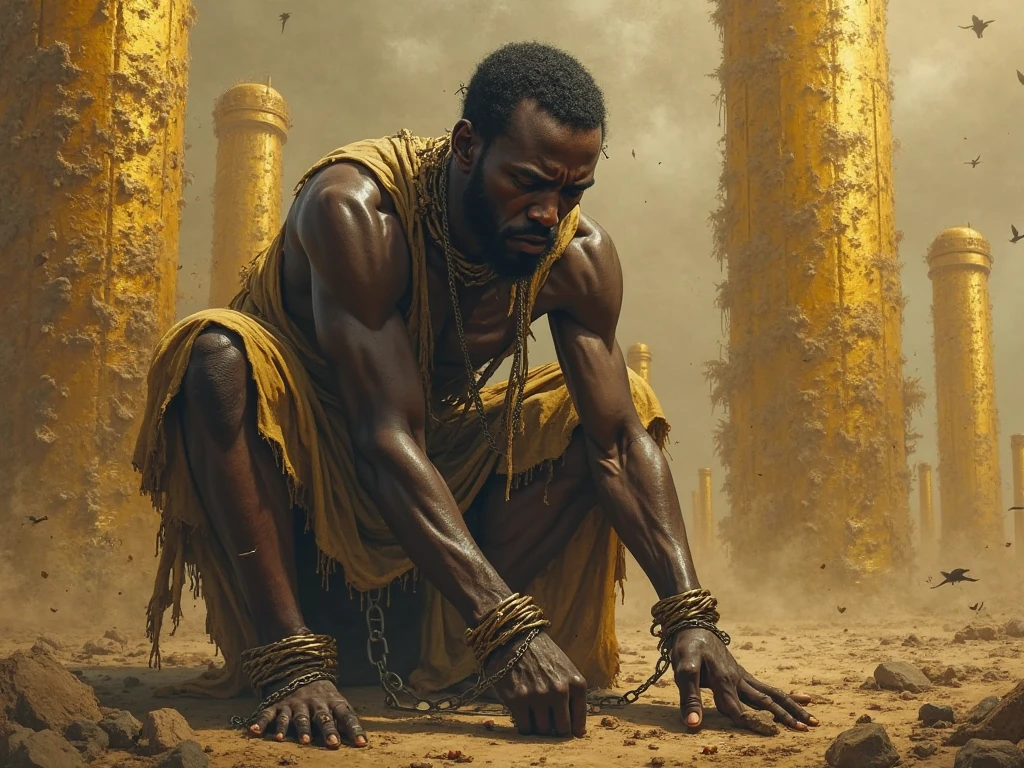 thin black man in chains working in a gold mine 
