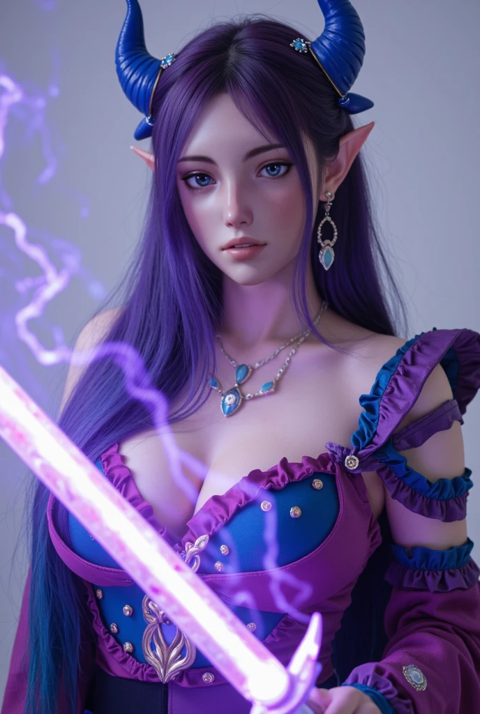 A cute woman with violet eyes and hair is in a sexy cute sorceress outfit, she is wielding a wand and shooting spells while striking sexy power poses, dark dungeon lit by spells