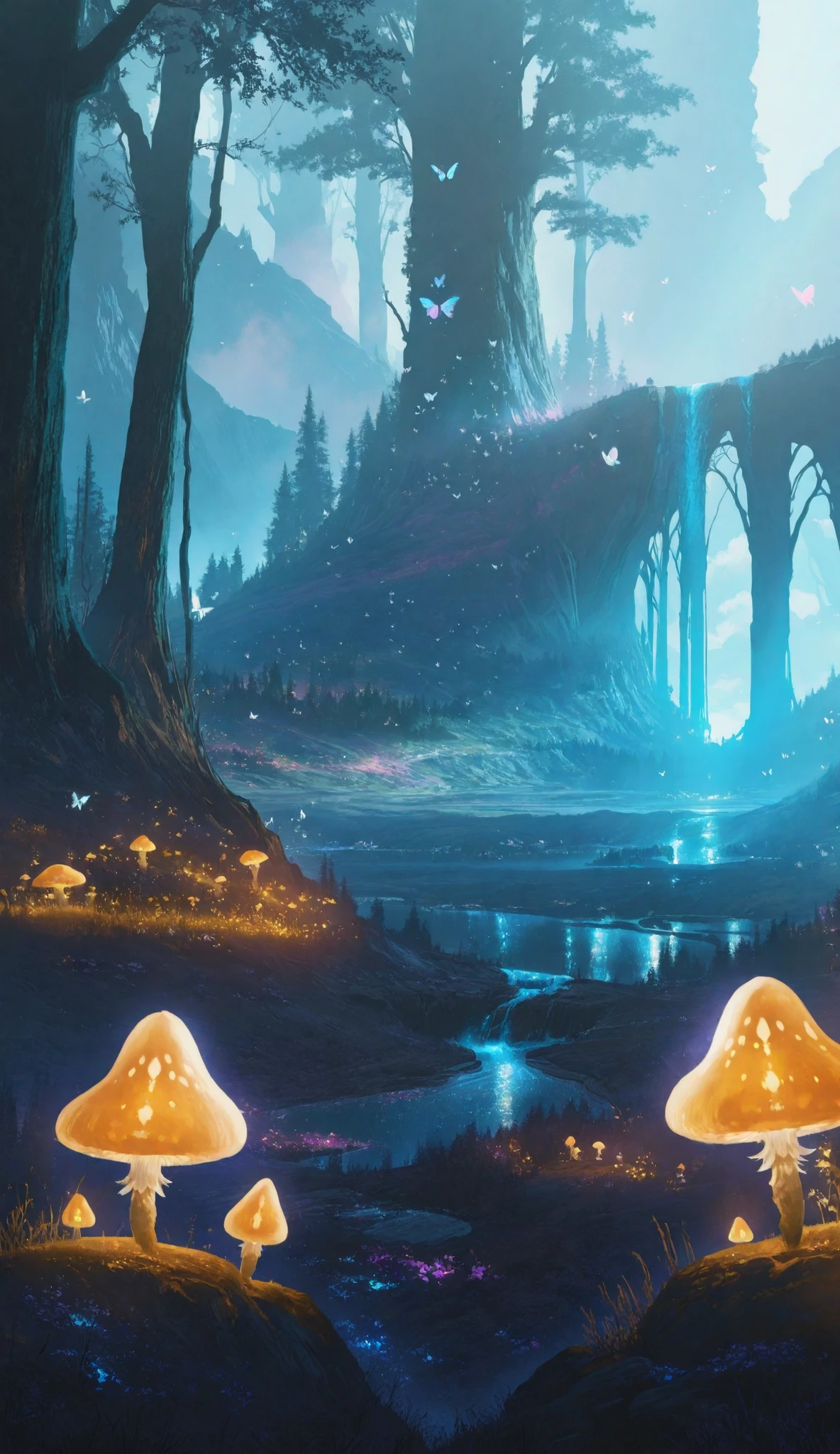 Enchanted mystical forest , neon-colored butterflies , pure blue water river spring , golden mini fairies , glowing mushrooms releasing pollen , extremely beautiful landscape , (ultra-realistic) , {extremely detailed 8k CG unit wallpaper} , expansive landscape photography , (a low view that prioritizes the entire scene , (wide open field view) , (low angle shot) , (high light: 1 . 5) , (low light: 1 . 0) , (warm light source: 1 . 0) , complex details , (iridescent colors: 1 . 5) , (bright lighting) , (atmospheric lighting) , nature , magical , landscape