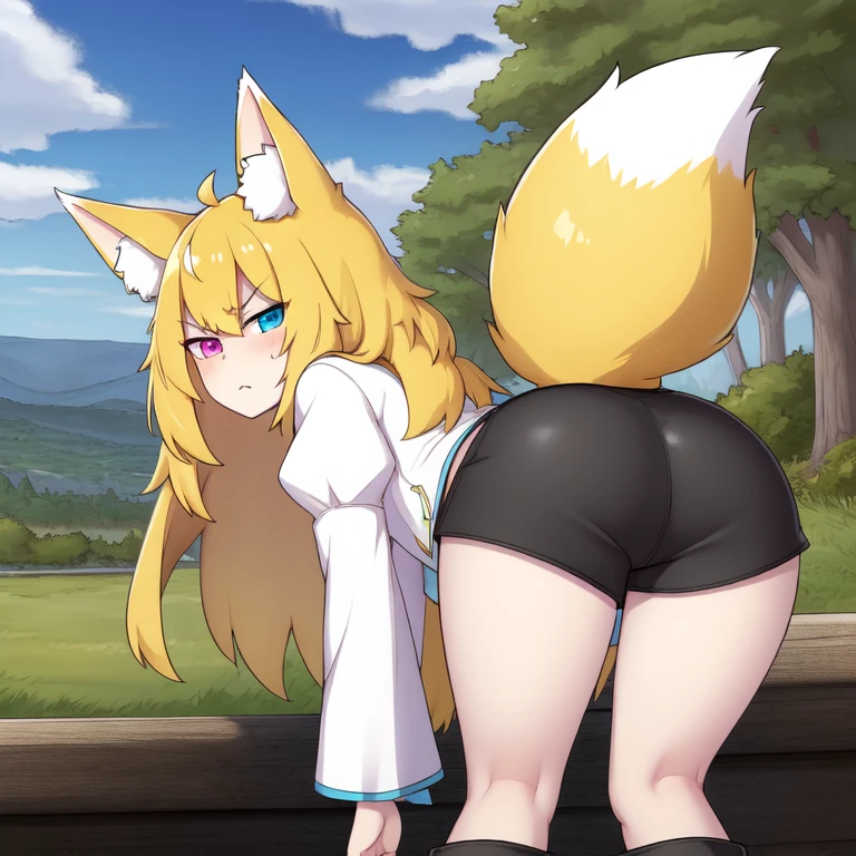 par kame_3t solo, Female, Vulpin, cream-colored fur, fourrure moelleuse, (museau, cheveux, Queue), une Queue, loose bun hair style, coiffure, sourire, sourire heureux, corps maigre, hanches larges, thigh gap, thick thighs,fat pussy , backview, huge anus, spread ass, fingering anus,Bain onsen.