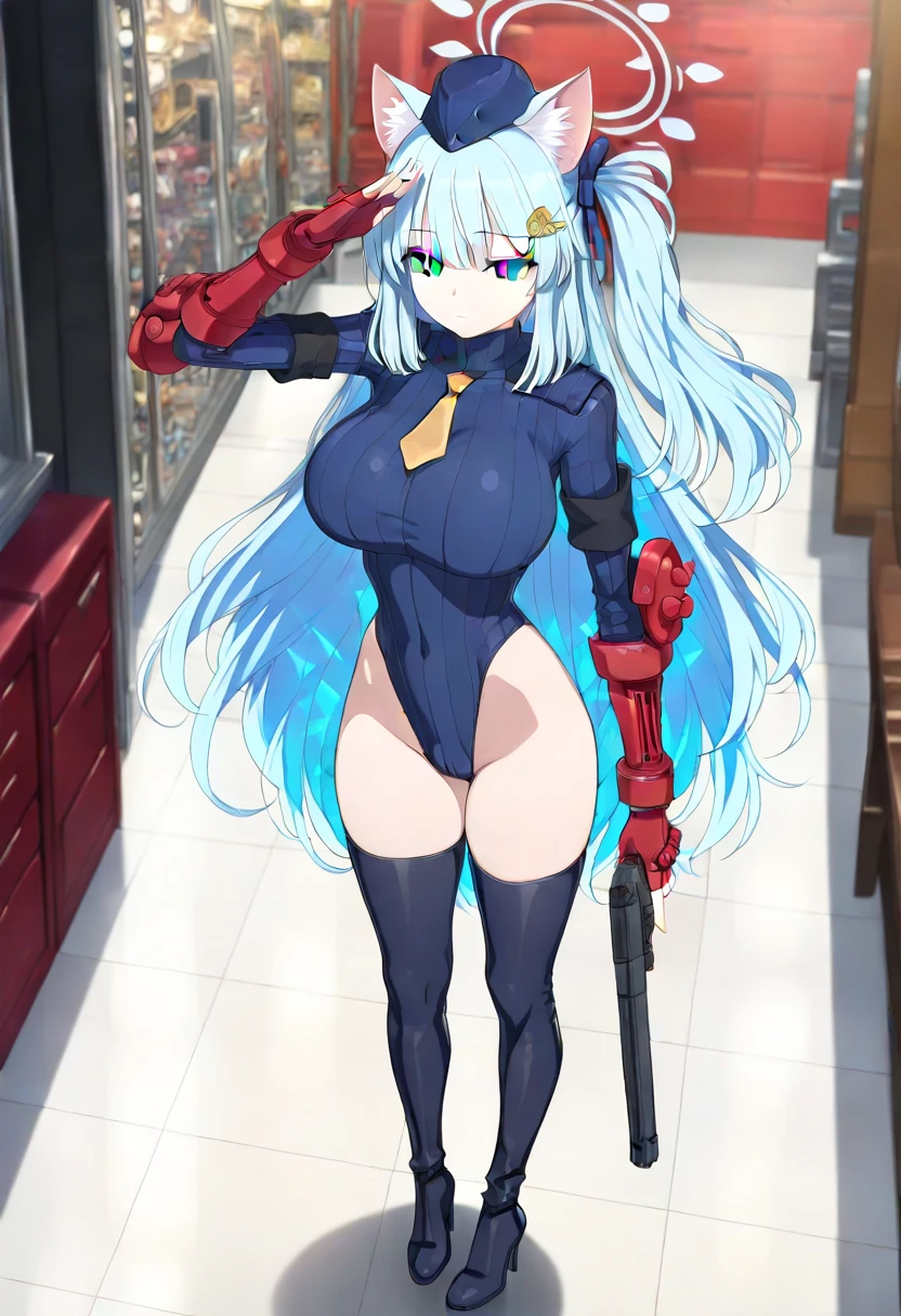 {{1 female},{{{{{Tabletop++, Highest quality++, Super detailed+, Ultra-high resolution,(Realistic:1.4)Cowboy Shot,Hatsune Miku, (VOCALOID)RAW Photos,(Hatsune Miku)+,(Hatsune Miku)+, (VOCALOID) Expressionless, Light blue hair, Red eyes ,clavicle, Twin tails, ((black doll suit girl 1.6)),so beautiful, Highest quality, Absurd, One Girl, Brainwashed,}}}} Hollow Eyes,(Eyes glow red :1.4)), ((Huge boobs:1.1))、(The shape of the genitals is clearly visible)) cyber punk, Dark Lab, Dark Room,(Neon Light:1.2), (night:1.5), (Stand up and raise your right arm in a salute, Place your left hand on your hip)