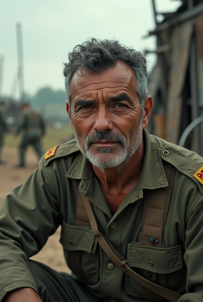 masterpiece, best quality, high resolution, closeup portrait, male focus, solo focus, A man, 60 years old, grey hair, with unbuttoned military clothes, soldier, grey silver hair, messy hairstyle, cute and seductive face, bare chest, body hair, facial hair, roman nose, very skinny body, hairy legs, cute, dimples, goatee and mustache, bold jawline , sweaty, in the background a millitary camp and other soldiers, view from below, amazing composition, front view, HDR, ultra quality, elegant, highly detailed