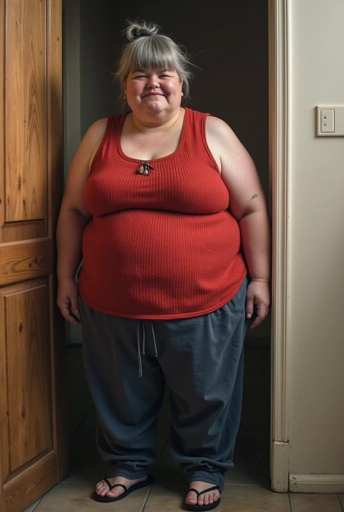 A 67 year old woman, with 1.60 centimeters, 90 kilos, blondie hair, wearing prescription glasses and is wearing only a red sweater. She is seen in full body standing in front of a bed