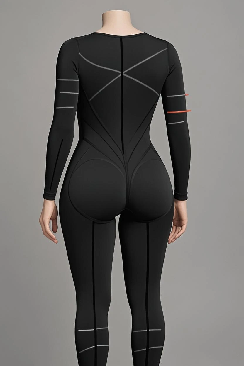 A woman in a black suit and sunglasses, voltar - ver, Back view, Fato de ciclismo Nike, Backview, terno do corpo do apertado, neon edges on bottom of body, from the back, back view also, corpo perfeito, Awesome, curvy accentuated booty, Invested Equity, big booty, Back from Toned, Awesome, Cemtura multa, roupas esportivas, em detalhe, view of the back, Rear view, high level body suit, tiro traseiro, roupas esportivas, rear facing